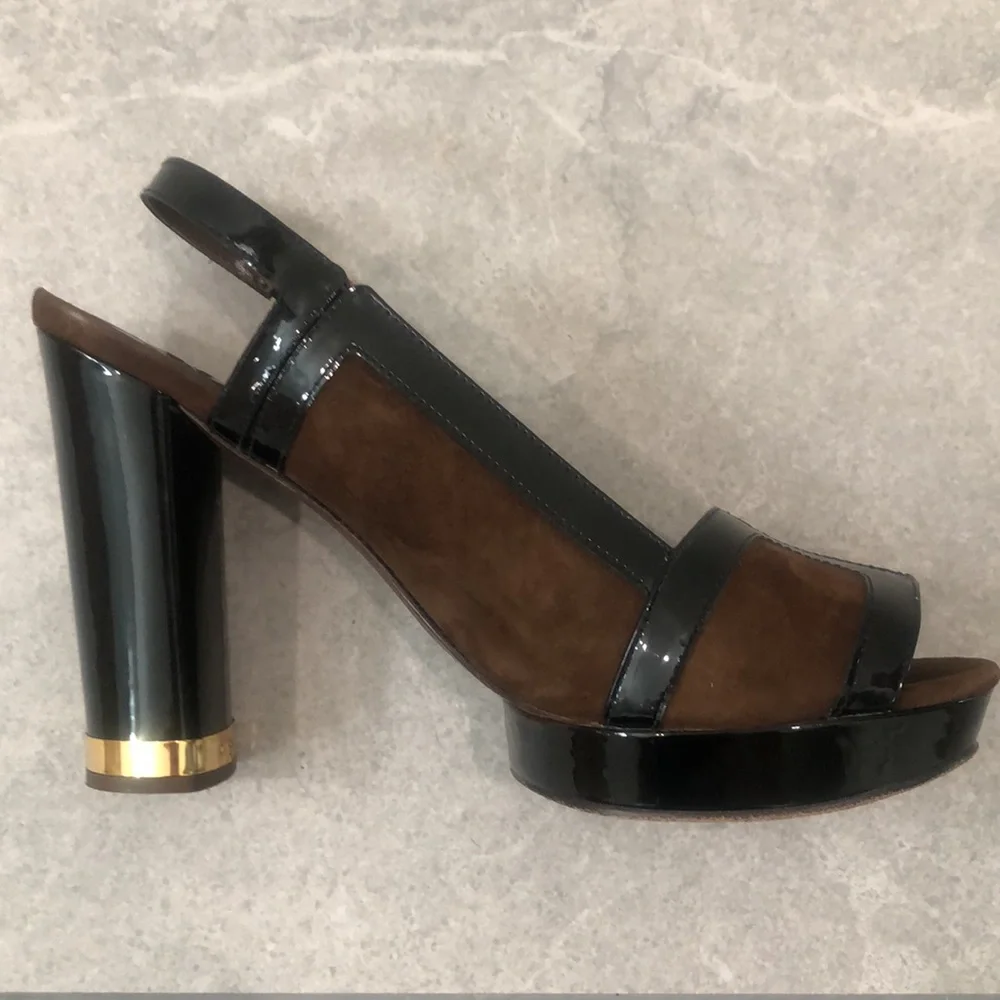 TORY BURCH “Gemma “ Black Patent Leather Brown Suede Slingback Heels Size 7.5